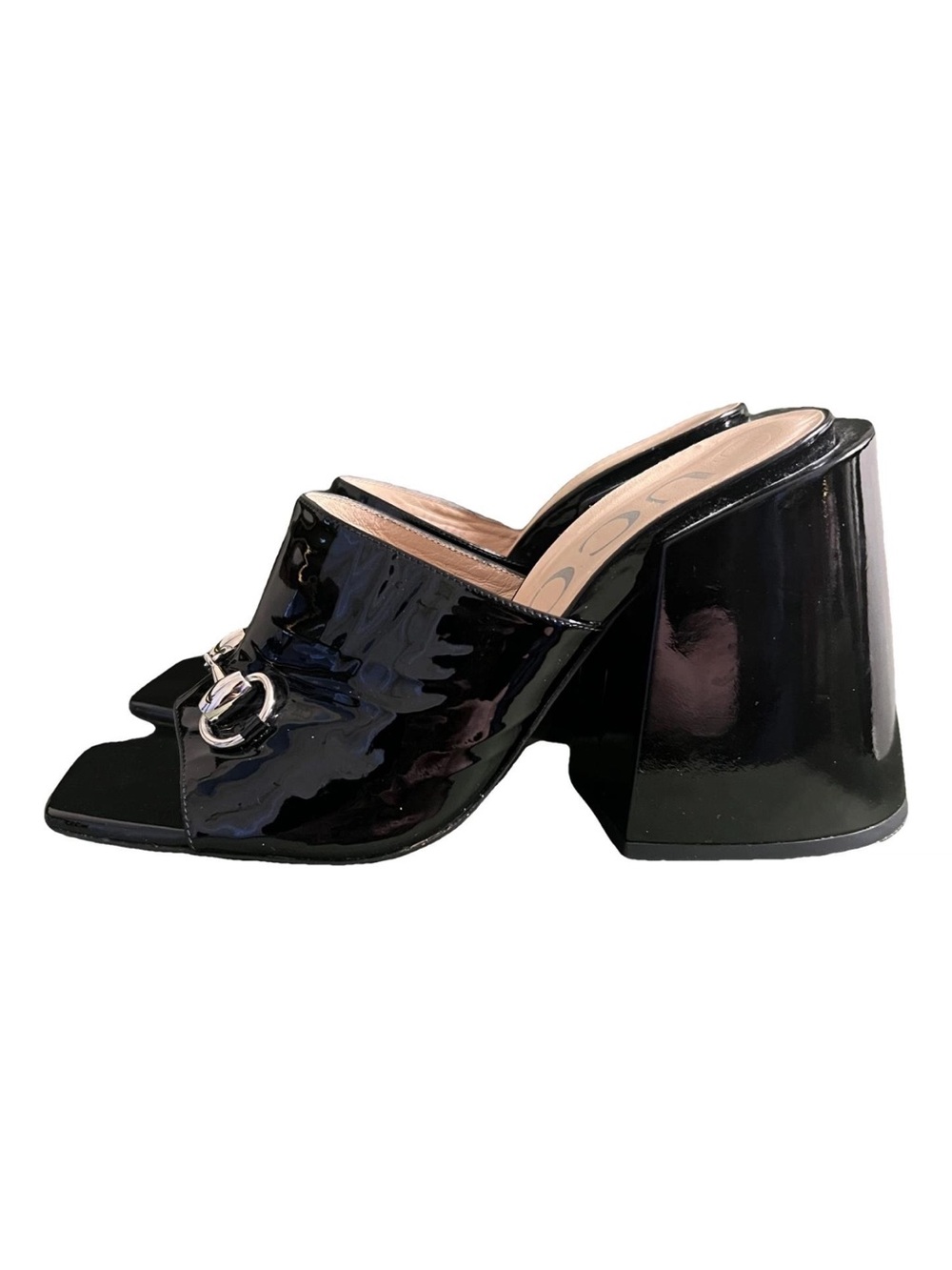 Gucci Black Patent Open-Toe Block Heel Mule with Silver Hardware